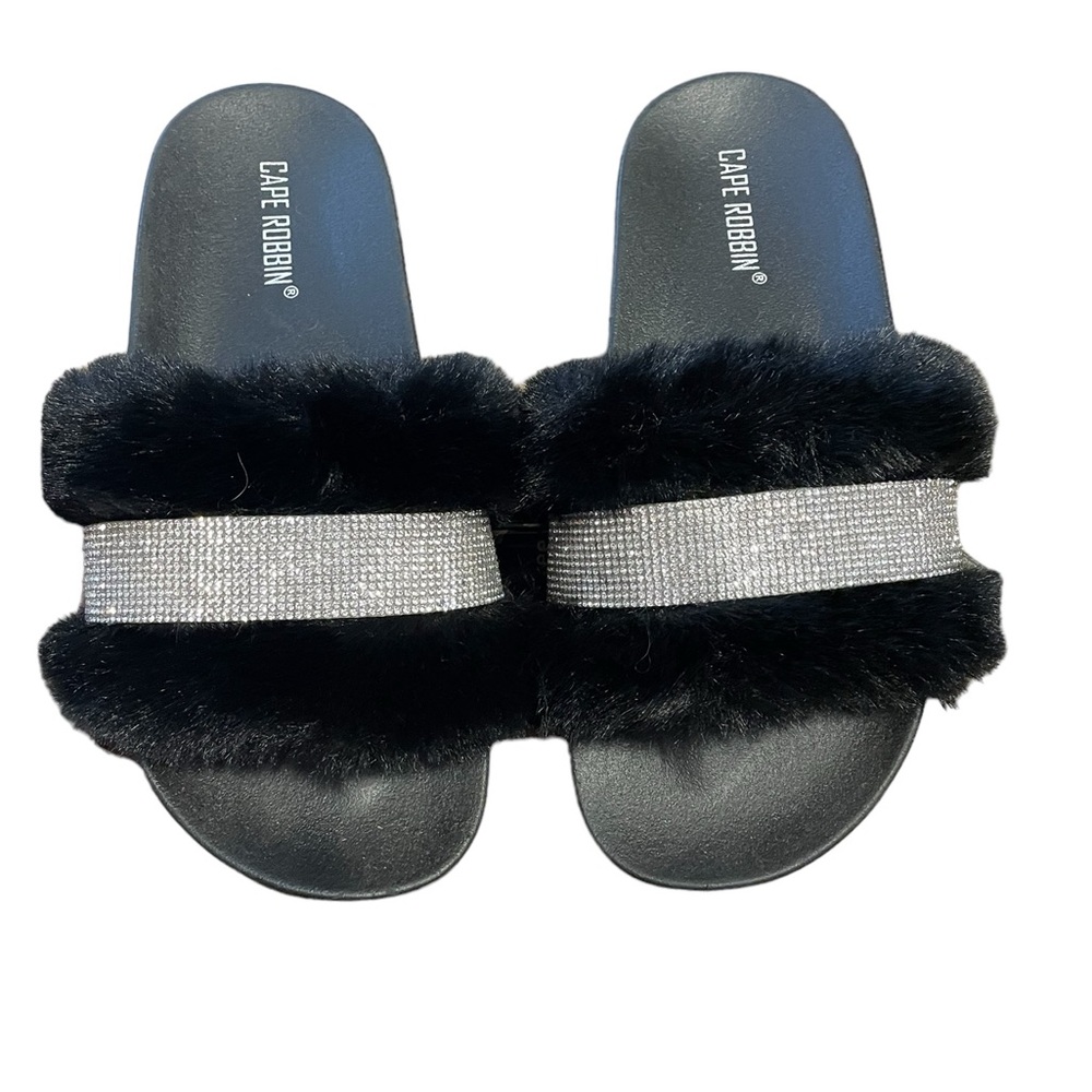 Like new black faux fur slippers with embellishments and hard sole bottom